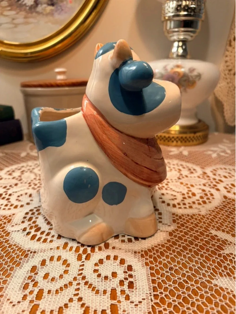 Cooks Tools Ceramic Cow Utensil Holder Blue Spotted Farmhouse Kitchen Decor